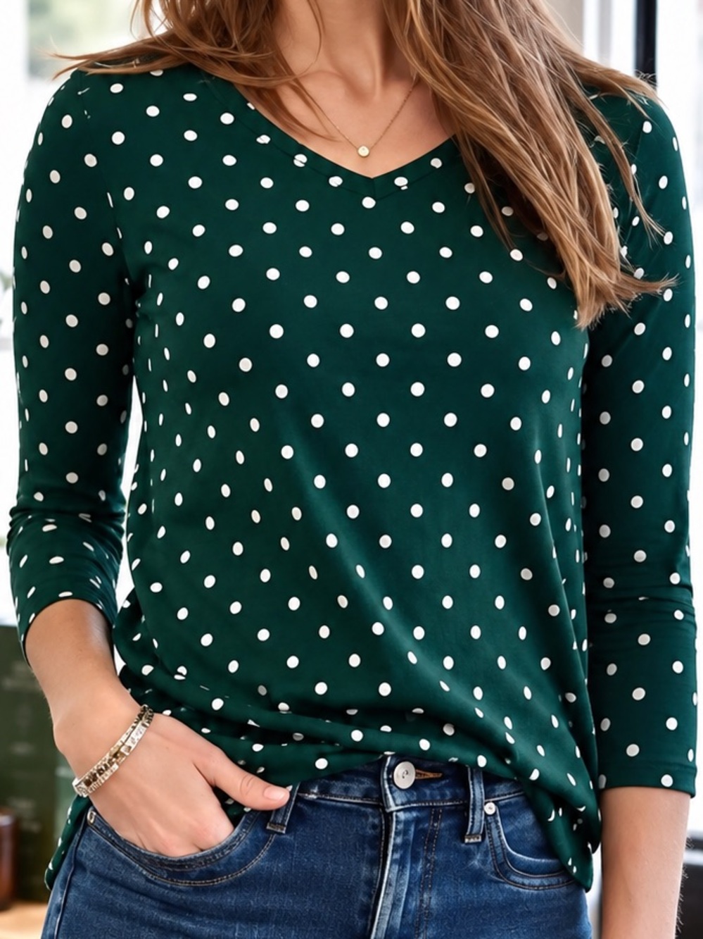 J Jill Pima 3/4 Length Sleeve V-Neck Tee Ivy Polka Dots Sz XLP